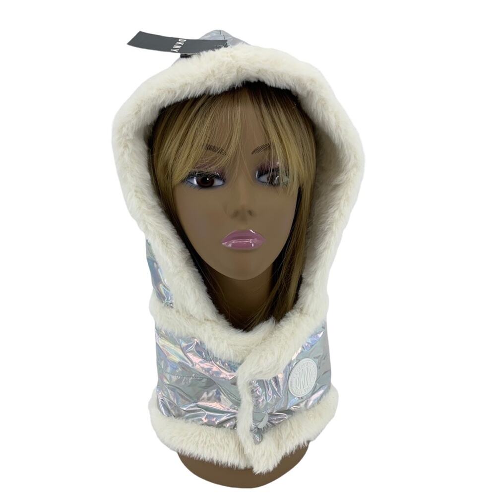 DKNY Logo Detached Puffer Hood Iridescent Metallic Shell + Faux Fur Lined Hat